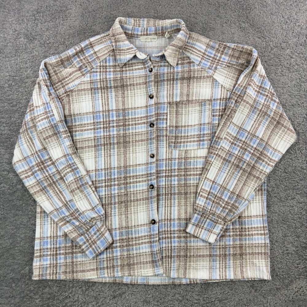 Modish Rebel Blue Tan Plaid‎ Ribbed Button Down Eased Fit Shirt Large 48164